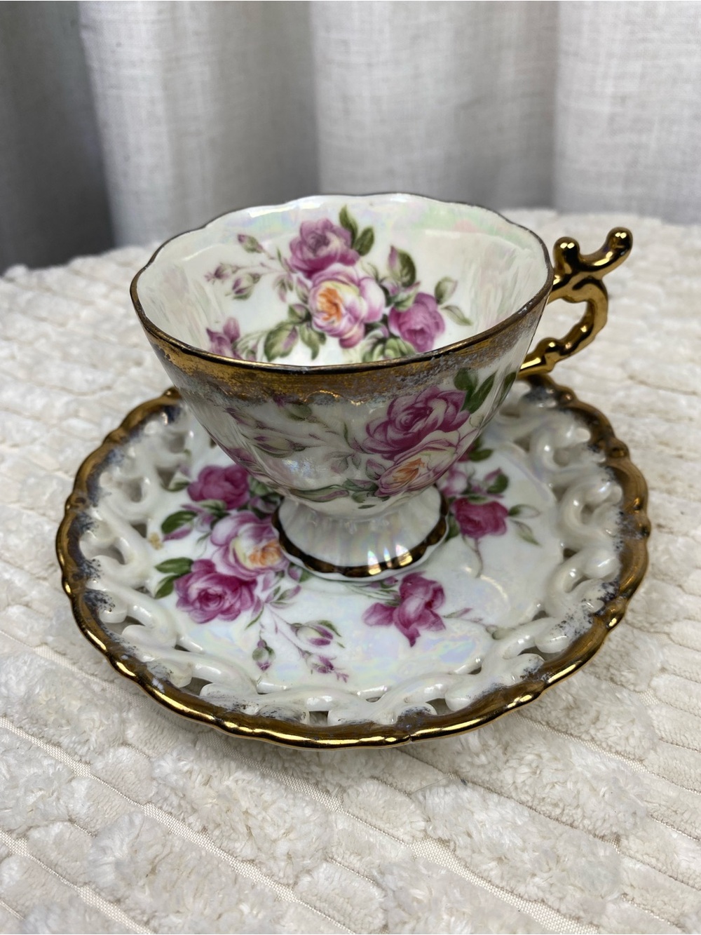 Vintage 1950s Shafford Japan Pink Rose Lusterware Tea Cup Saucer Reticulated Set